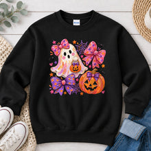Load image into Gallery viewer, Pink Bows Ghost Pumpkin Halloween design on Black crewneck sweatshirt
