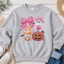 Load image into Gallery viewer, Pink Bows Ghost Pumpkin Latte Halloween design on Ash Grey crewneck sweatshirt