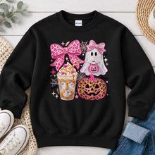Load image into Gallery viewer, Pink Bows Ghost Pumpkin Latte Halloween design on Black crewneck sweatshirt