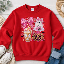 Load image into Gallery viewer, Pink Bows Ghost Pumpkin Latte Halloween design on Red crewneck sweatshirt