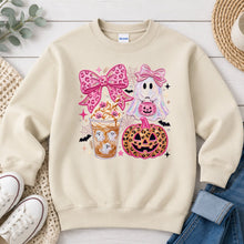 Load image into Gallery viewer, Pink Bows Ghost Pumpkin Latte Halloween design on Sand crewneck sweatshirt