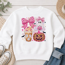 Load image into Gallery viewer, Pink Bows Ghost Pumpkin Latte Halloween design on White crewneck sweatshirt