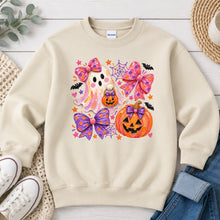 Load image into Gallery viewer, Pink Bows Ghost Pumpkin Halloween design on Sand crewneck sweatshirt