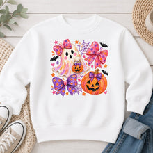 Load image into Gallery viewer, Pink Bows Ghost Pumpkin Halloween design on White crewneck sweatshirt