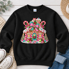 Load image into Gallery viewer, Pink Candy Gingerbread House Christmas design on Black crewneck sweatshirt