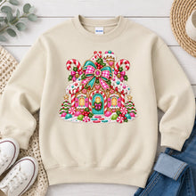 Load image into Gallery viewer, Pink Candy Gingerbread House Christmas design on Sand crewneck sweatshirt