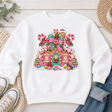 Load image into Gallery viewer, Pink Candy Gingerbread House Christmas design on White crewneck sweatshirt