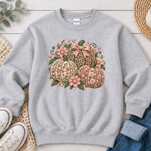 Load image into Gallery viewer, Pink Floral Embroidered Pumpkins Fall design on Ash Grey crewneck sweatshirt