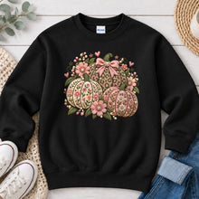 Load image into Gallery viewer, Pink Floral Embroidered Pumpkins Fall design on Black crewneck sweatshirt