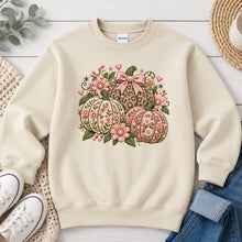 Load image into Gallery viewer, Pink Floral Embroidered Pumpkins Fall design on Sand crewneck sweatshirt