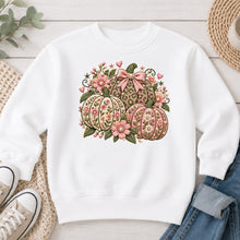 Load image into Gallery viewer, Pink Floral Embroidered Pumpkins Fall design on White crewneck sweatshirt