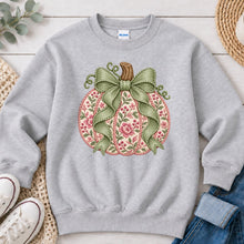 Load image into Gallery viewer, Pink Floral Pumpkin Sage Bow Fall design on Ash Grey crewneck sweatshirt