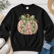 Load image into Gallery viewer, Pink Floral Pumpkin Sage Bow Fall design on Black crewneck sweatshirt