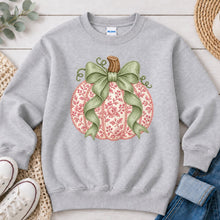 Load image into Gallery viewer, Pink Floral Pumpkin Sage Bow Light Fall design on Ash Grey crewneck sweatshirt