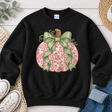 Load image into Gallery viewer, Pink Floral Pumpkin Sage Bow Light Fall design on Black crewneck sweatshirt