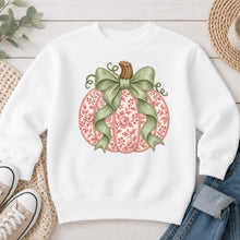 Load image into Gallery viewer, Pink Floral Pumpkin Sage Bow Light Fall design on White crewneck sweatshirt