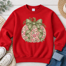 Load image into Gallery viewer, Pink Floral Pumpkin Sage Bow Fall design on Red crewneck sweatshirt