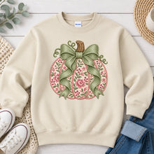 Load image into Gallery viewer, Pink Floral Pumpkin Sage Bow Fall design on Sand crewneck sweatshirt