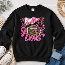 Load image into Gallery viewer, Pink Game Day Lions Spirit Wear design on Black crewneck sweatshirt