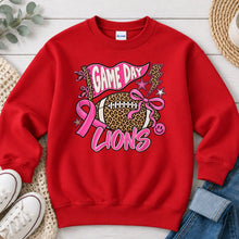 Load image into Gallery viewer, Pink Game Day Lions Spirit Wear design on Red crewneck sweatshirt