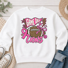 Load image into Gallery viewer, Pink Game Day Lions Spirit Wear design on White crewneck sweatshirt