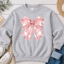 Load image into Gallery viewer, Pink Ghost Print Bow Halloween design on Ash Grey crewneck sweatshirt