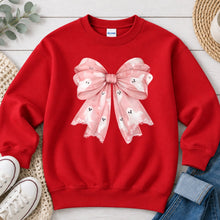 Load image into Gallery viewer, Pink Ghost Print Bow Halloween design on Red crewneck sweatshirt
