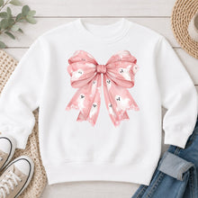 Load image into Gallery viewer, Pink Ghost Print Bow Halloween design on White crewneck sweatshirt