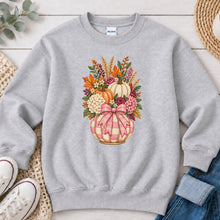 Load image into Gallery viewer, Pink Gingham Pumpkin Bouquet Fall design on Ash Grey crewneck sweatshirt