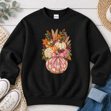 Load image into Gallery viewer, Pink Gingham Pumpkin Bouquet Fall design on Black crewneck sweatshirt