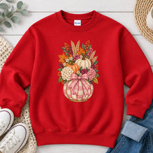 Load image into Gallery viewer, Pink Gingham Pumpkin Bouquet Fall design on Red crewneck sweatshirt