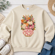 Load image into Gallery viewer, Pink Gingham Pumpkin Bouquet Fall design on Sand crewneck sweatshirt