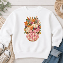 Load image into Gallery viewer, Pink Gingham Pumpkin Bouquet Fall design on White crewneck sweatshirt
