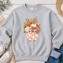 Load image into Gallery viewer, Pink Gingham Pumpkin Floral Vase Fall design on Ash Grey crewneck sweatshirt