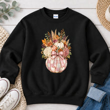 Load image into Gallery viewer, Pink Gingham Pumpkin Floral Vase Fall design on Black crewneck sweatshirt