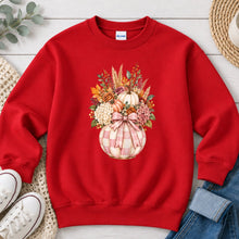 Load image into Gallery viewer, Pink Gingham Pumpkin Floral Vase Fall design on Red crewneck sweatshirt