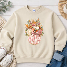 Load image into Gallery viewer, Pink Gingham Pumpkin Floral Vase Fall design on Sand crewneck sweatshirt