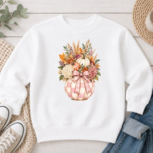Load image into Gallery viewer, Pink Gingham Pumpkin Floral Vase Fall design on White crewneck sweatshirt