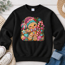 Load image into Gallery viewer, Pink Leopard Gingerbread Boy Christmas design on Black crewneck sweatshirt
