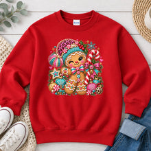 Load image into Gallery viewer, Pink Leopard Gingerbread Boy Christmas design on Red crewneck sweatshirt