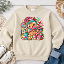 Load image into Gallery viewer, Pink Leopard Gingerbread Boy Christmas design on Sand crewneck sweatshirt