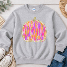 Load image into Gallery viewer, Pink Orange Glitter Pumpkin Halloween design on Ash Grey crewneck sweatshirt