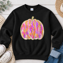 Load image into Gallery viewer, Pink Orange Glitter Pumpkin Halloween design on Black crewneck sweatshirt