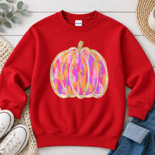 Load image into Gallery viewer, Pink Orange Glitter Pumpkin Halloween design on Red crewneck sweatshirt