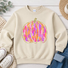 Load image into Gallery viewer, Pink Orange Glitter Pumpkin Halloween design on Sand crewneck sweatshirt