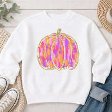 Load image into Gallery viewer, Pink Orange Glitter Pumpkin Halloween design on White crewneck sweatshirt