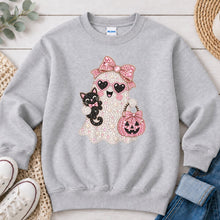 Load image into Gallery viewer, Pink Pearl Ghost Black Cat Halloween design on Ash Grey crewneck sweatshirt