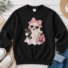 Load image into Gallery viewer, Pink Pearl Ghost Black Cat Halloween design on Black crewneck sweatshirt