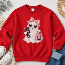 Load image into Gallery viewer, Pink Pearl Ghost Black Cat Halloween design on Red crewneck sweatshirt