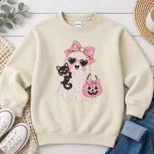 Load image into Gallery viewer, Pink Pearl Ghost Black Cat Halloween design on Sand crewneck sweatshirt